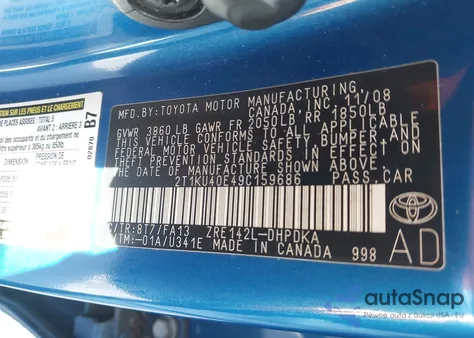 2009 Toyota Matrix z USA, uszkodzony, nr VIN 2T1KU40E49C159686